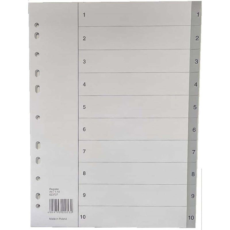 Register, Esselte, A4,210x297mm, 1-10, grå, Pakke med 10 sæt