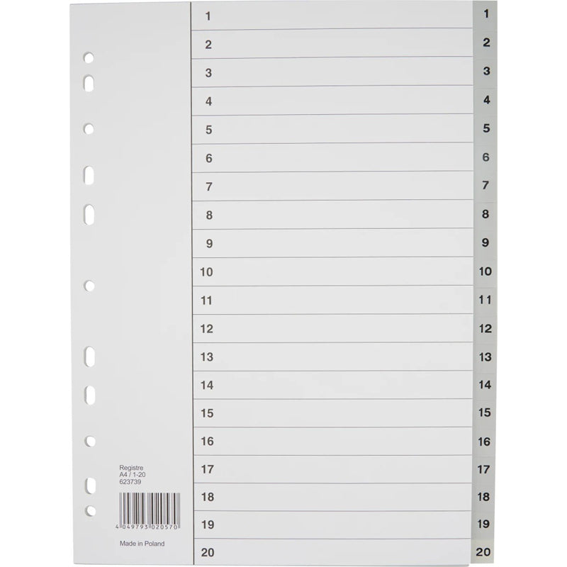Register, Esselte, A4,210x297mm, 1-20, grå, Pakke med 10 sæt