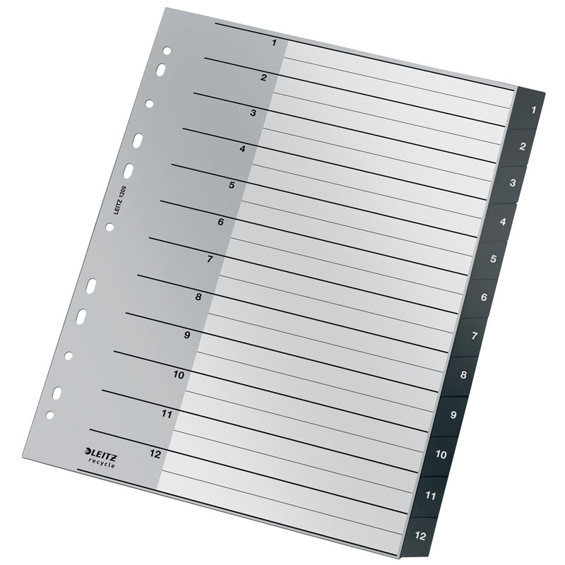 Register, Leitz Recycle, A4,210x297mm, 1-12, sort, Pakke med 10 sæt