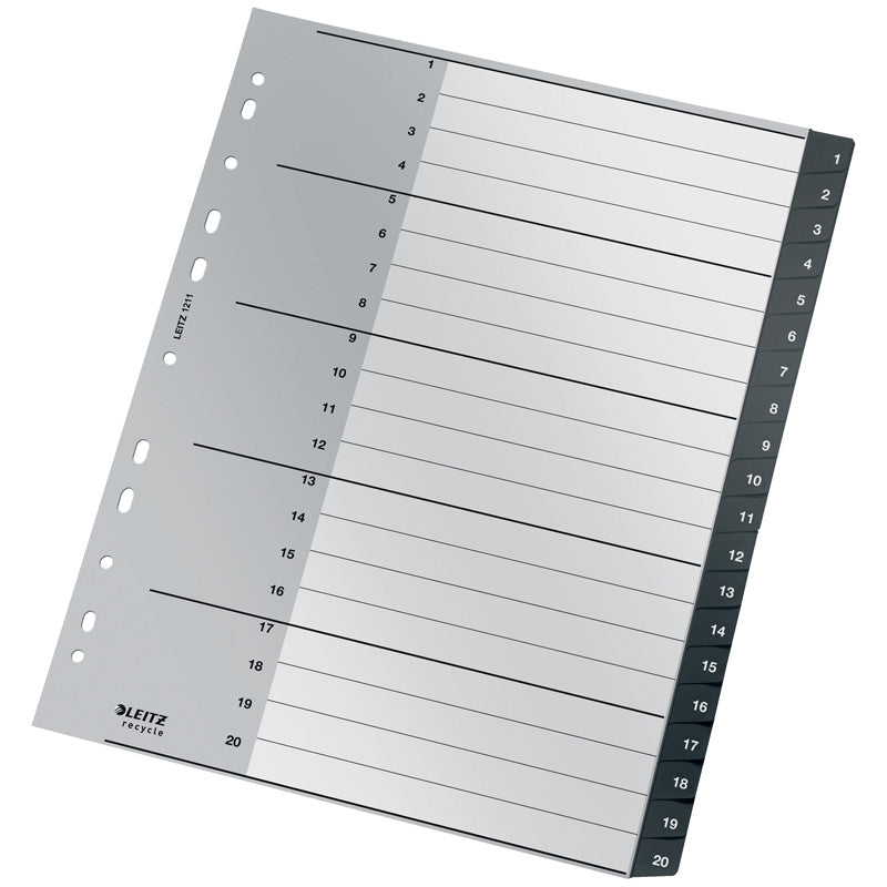 Register, Leitz Recycle, A4,210x297mm, 1-20, sort, Pakke med 10 sæt
