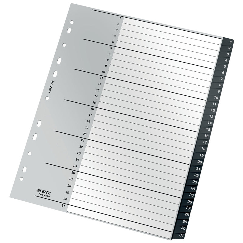 Register, Leitz Recycle, A4,210x297mm, 1-31, sort, Pakke med 10 sæt