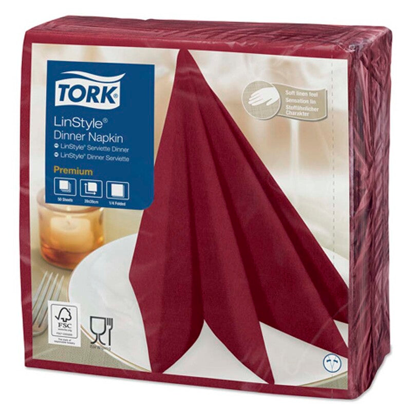 Middagsservietter, Tork, Linstyle, 1/4-fold, 1 lag, bordeaux, 390mmx390mm, 55g/m2, pakke a 50 stk, FSC Mix Credit