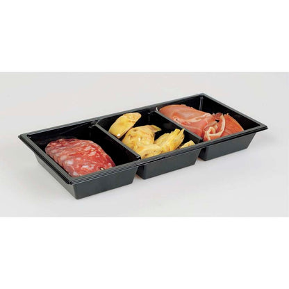 Plastbakke, Plus Pack Gourmet Express, 3-rums, Rektangulær, 600 ml, 250x120x31mm, PET, sort, karton a 464 stk