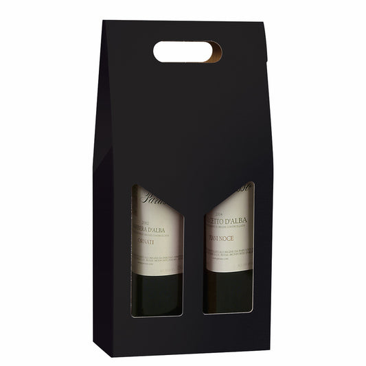 Gaveæske til vin, udvendig dim: 380, x 180 x 90 mm, indre dim: 180 x 90, x 380 mm, 1-lags,B-flute, særligt design, med håndtag, sort, 2 flasker, pakke a 20 stk