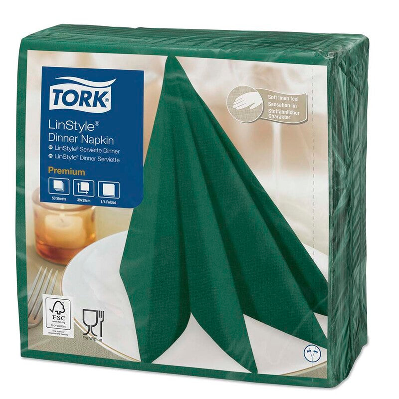 Middagsservietter, Tork, Linstyle, 1/4-fold Mountain Pine Green, 1 lag, grøn, 390mmx390mm, 55g/m2, pakke a 50 stk, FSC Mix Credit
