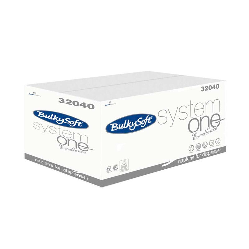 Servietter til dispenser, BulkySoft, Excellence, 2-fold System One Excellent, 2 lag, hvid, 160mmx210mm, karton a 4000 stk