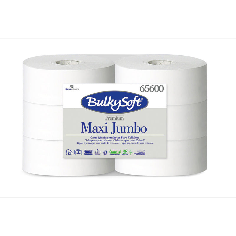 Toiletpapir Jumbo, BulkySoft, Premium, Gigant M, 2 lag, hvid x 320.00m, kasse a 6 ruller