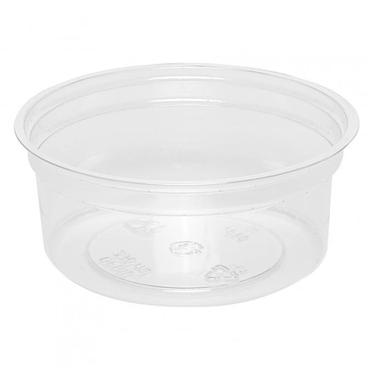 Plastbakke, Deli Pot, Rund, Ø 100, højde 42, RPET, transparent, 230 ml, karton a 600 stk, Fødevaregodkendt