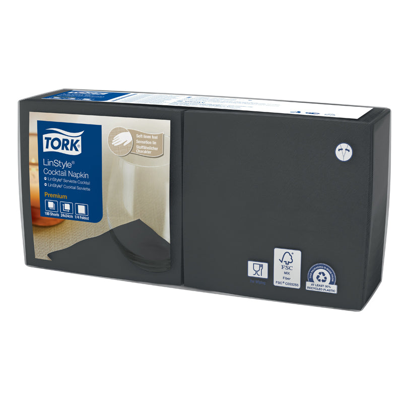 Kaffeservietter, Tork, Linstyle, 1/4-fold, 1 lag, sort, 240mmx240mm, pakke a 100 stk, FSC Mix Credit