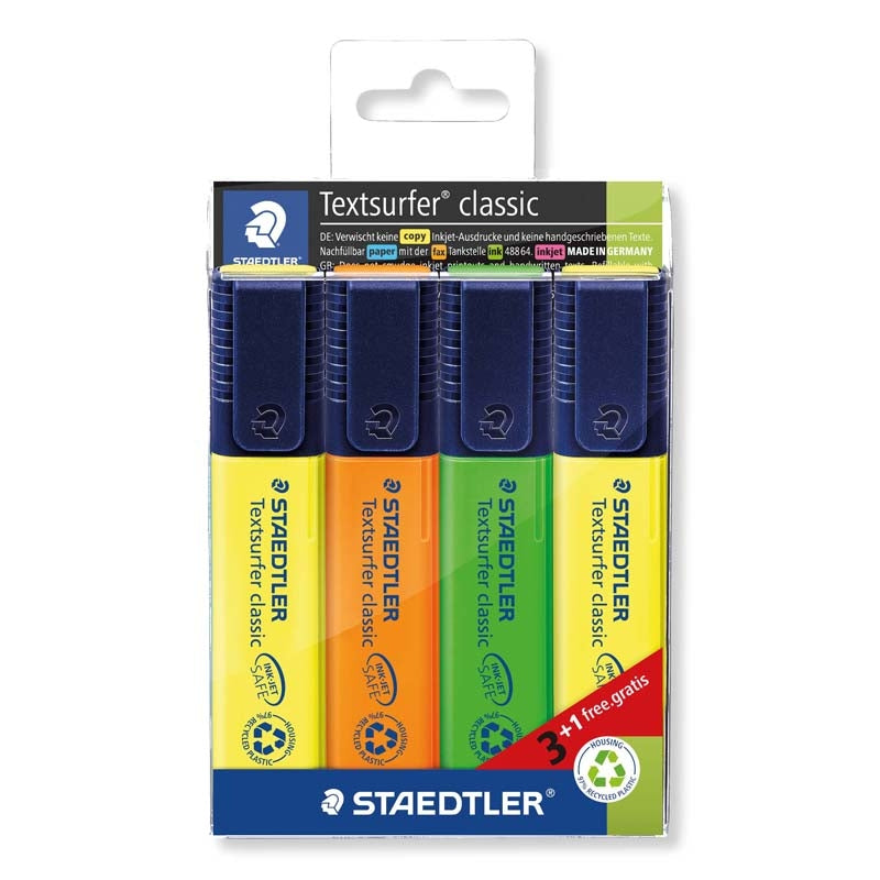 Tekstmarker, Staedtler Textsurfer, 364-S WP4P, 1-5MM, Skrå spids, assorteret, Sæt med 4 stk