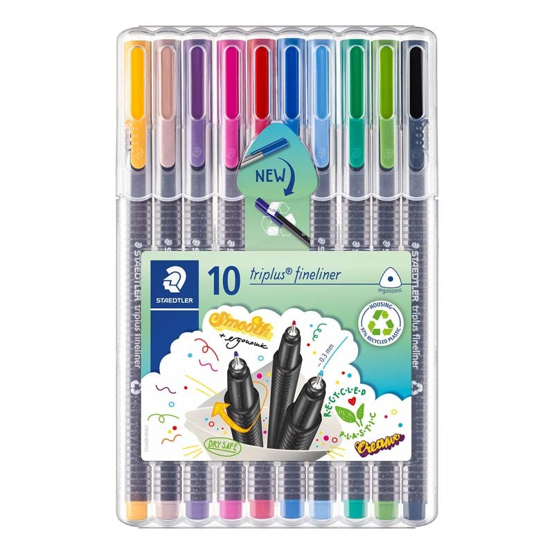 Fineliner, Staedtler Triplus, 334, 0,1-0,5MM, assorteret, Sæt med 10 stk