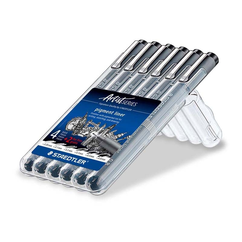 Fineliner, Staedtler, 308 SB6P, 0,1-0,5MM, sort, sæt af 6 stk