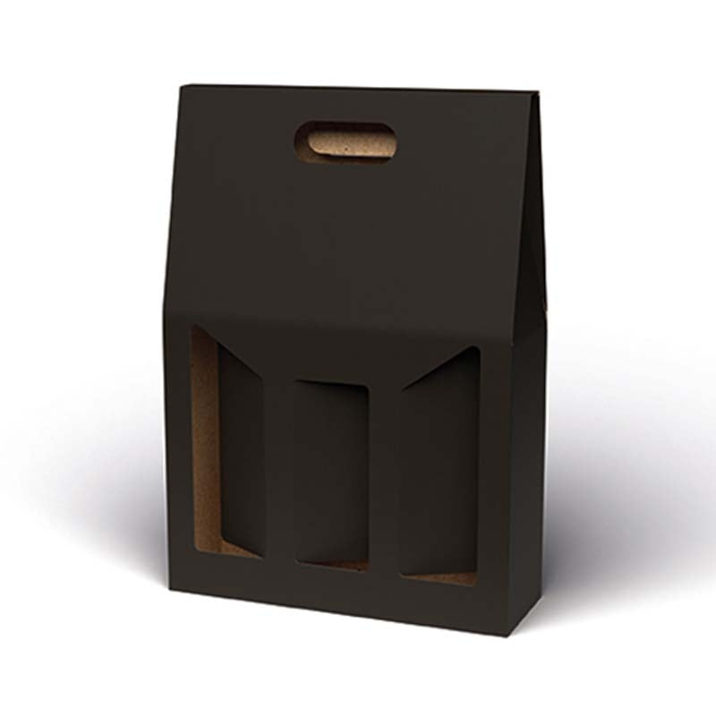 Gaveæske til vin, udvendig dim: 270 x 90, x 380 mm, indre dim: 270 x 90 x 380 mm, 1-lags,B-flute, særligt design, sort, 3 fl., pakke a 20 stk