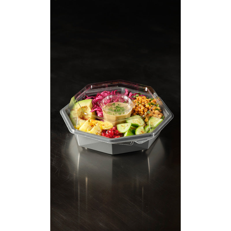 Plastbakke, Duni Octaview, m/hængslet låg, 795 ml, 190x190x70mm, A-PET, grå, m/dressingbæger, karton a 280 stk