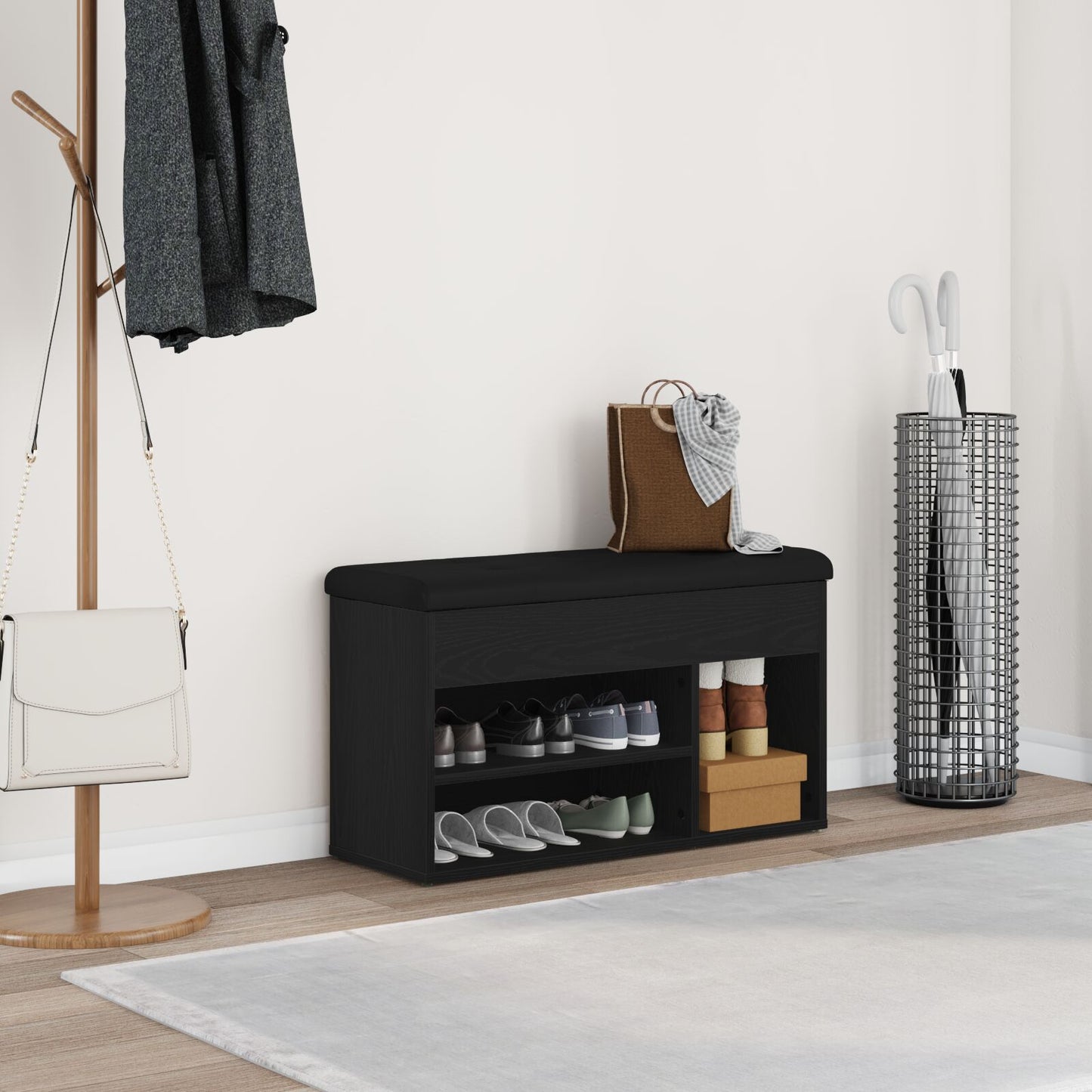 Opbevaringsbænk Sort Egetræ 80x30x45 cm Ingeniørtræ