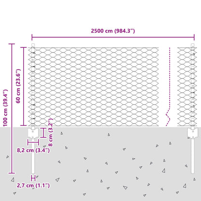 Hegn stolper 11 stk U-kanal Grå 60 cm Stål, vidaXL Sekskantet hegn Grå 0,6x25 m Stål