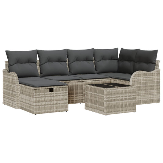 7 Delers Havesofa Sæt med Puder Lysegrå Poly Rattan, vidaXL 2-Personers Havesofa med Puder Lysegrå Poly Rattan