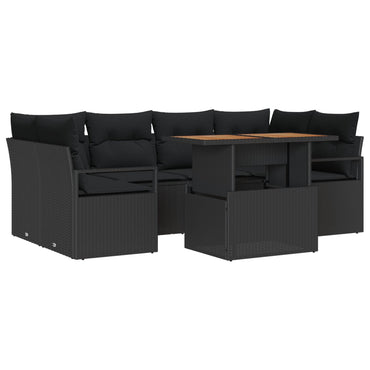 7 Stykke Havesofa Sæt med Puder Sort Poly Rattan, vidaXL 2-Personers Havesofa med Opbevaring & Puder Sort Poly Rattan