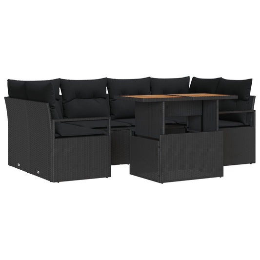 7 Stykke Havesofa Sæt med Puder Sort Poly Rattan, vidaXL 2-Personers Havesofa med Opbevaring & Puder Sort Poly Rattan